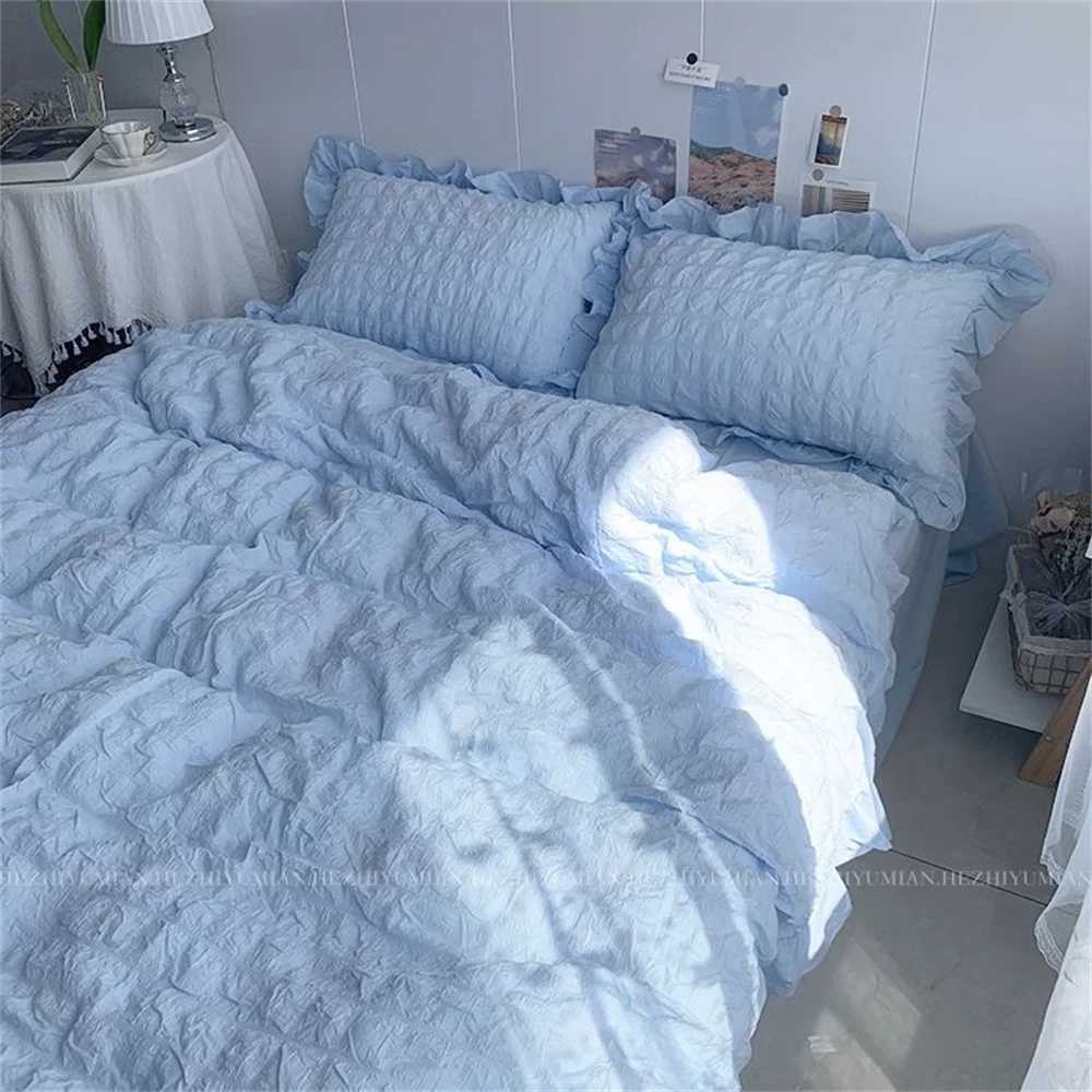 INS Girl Blue Bedding Sets Solid Color Seersucker Ruffles Lace Kawaii Soft Sheet Woman Duvet Cover Pillow Covers Quilt Cover H260327