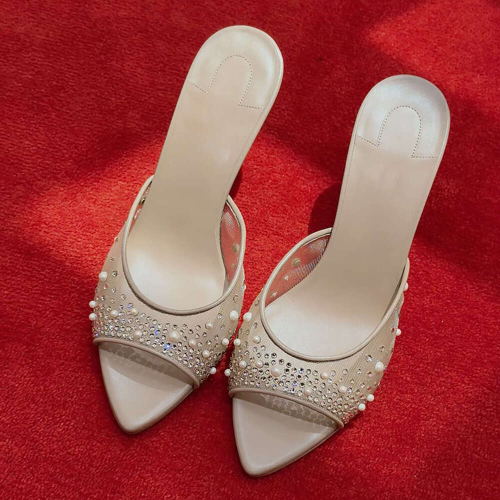 Mesh rhinestone pearl for women, thin heel pointed toe red sole high heels, nude crystal slip-on sandals c02