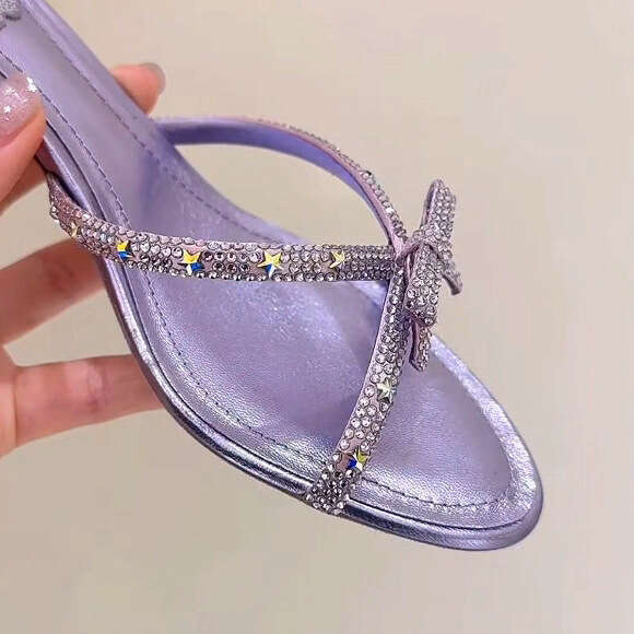2026 New Rhinestone Bowknot Slippers with Small Heel, Thin Strap, Star Design, Simple Slip-On Fashion Women's Shoes 791a b4e