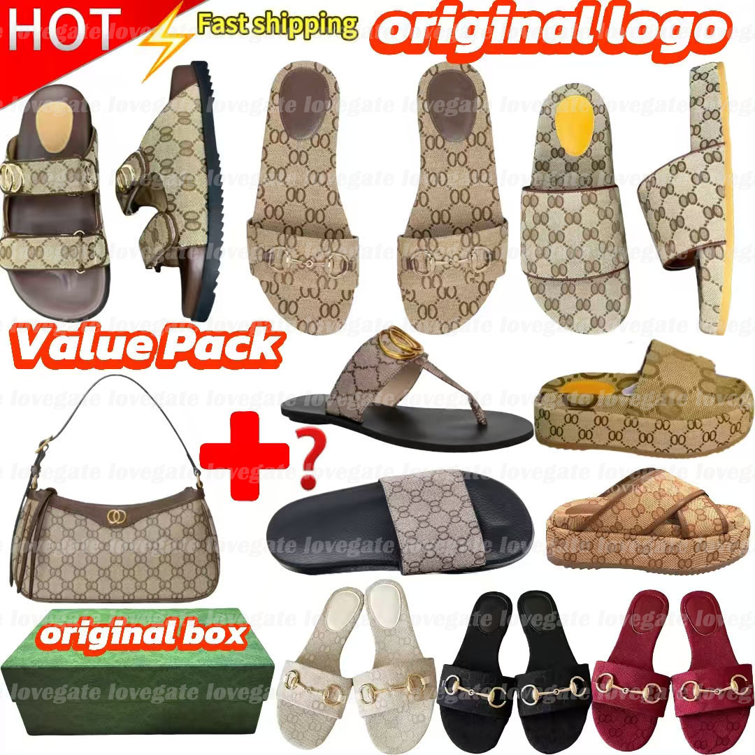 With box Designer Sandals G Slides Brown black white red Multi color Platform Embroidered Canvas metal buckle women Summer Fashion Beach Flip Flops Size 35-45 AAA+