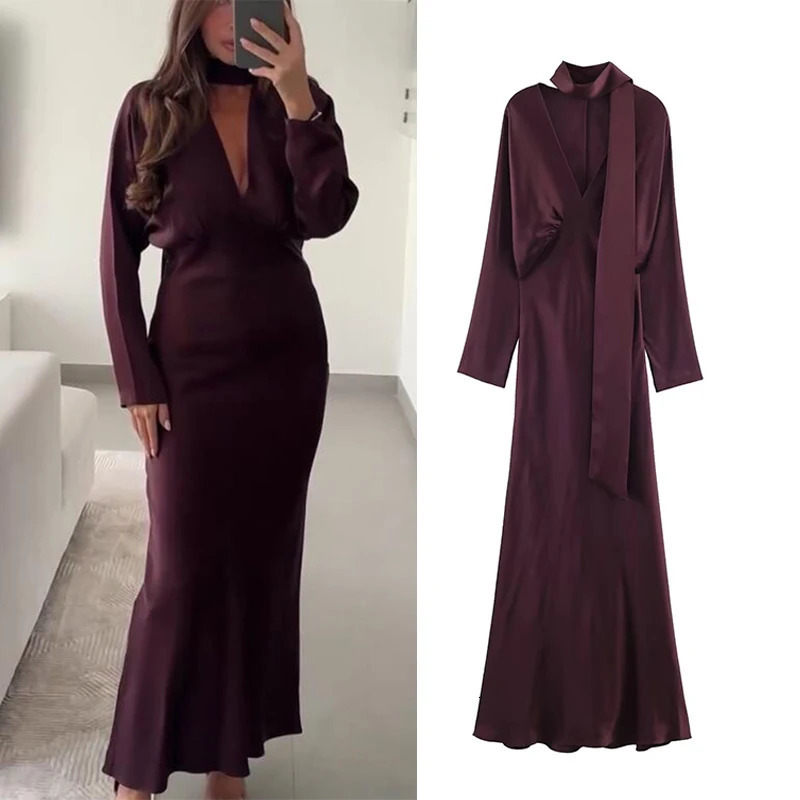 Women Fashion Satin V neck Dress Long Dresses With Scarf Chic Elegant Dresses Women Long Sleeve Casual Dress 260326