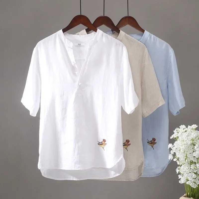 Chinese Style Stand Up Collar Pullover Shirt Mens Cotton Linen Short Sleeved Thin Linen Retro Embroidered Casual Loose Shirt C260326