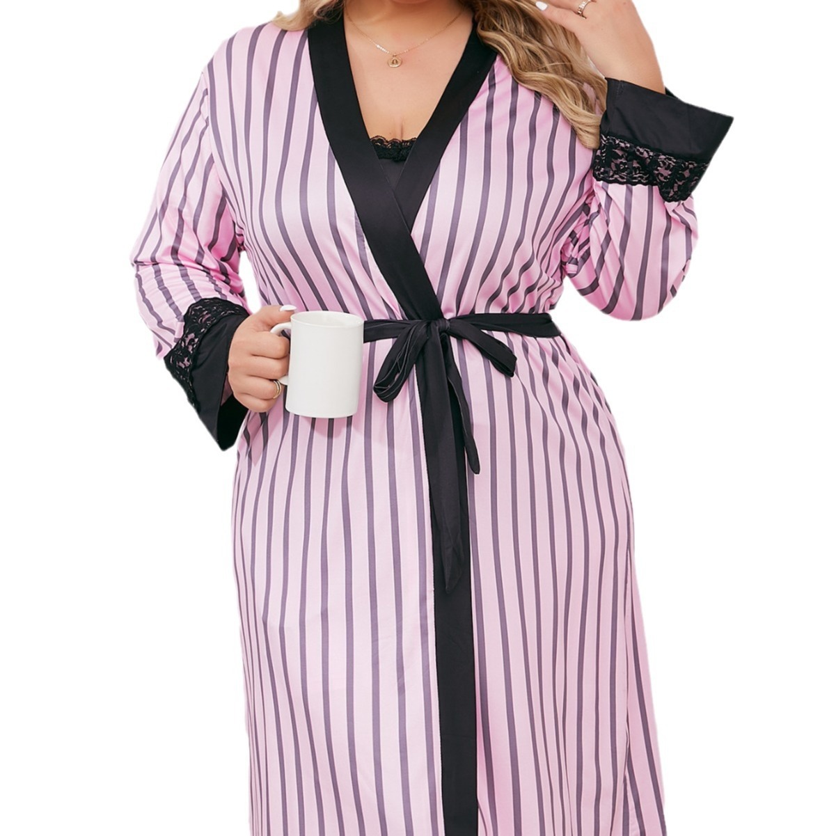 Pajamas Plus Size Women's Pajamas Spring Summer Pink Stripe Camisole Black Inner Shorts Jacket 3 Piece Set Sleepwear Loungewear