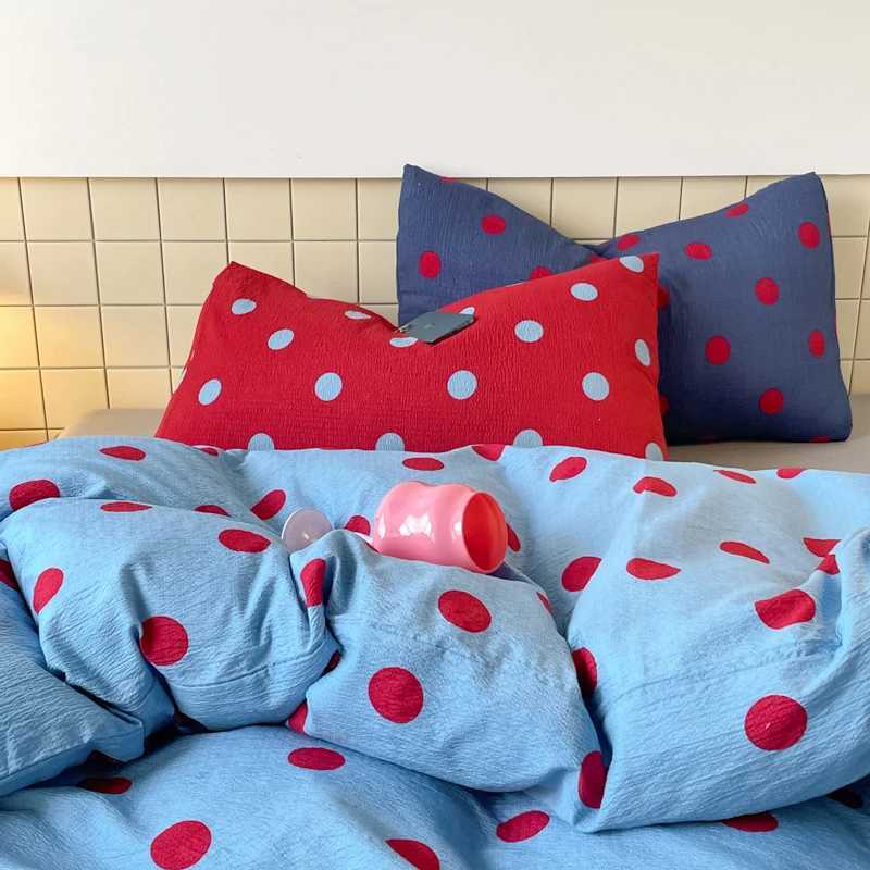 Polka Dot Bedding Set Washed Cotton Korean Duvet Cover Flat Sheet And Pillowcase Set For Cozy Bedroom Decor Single Double Size H260327