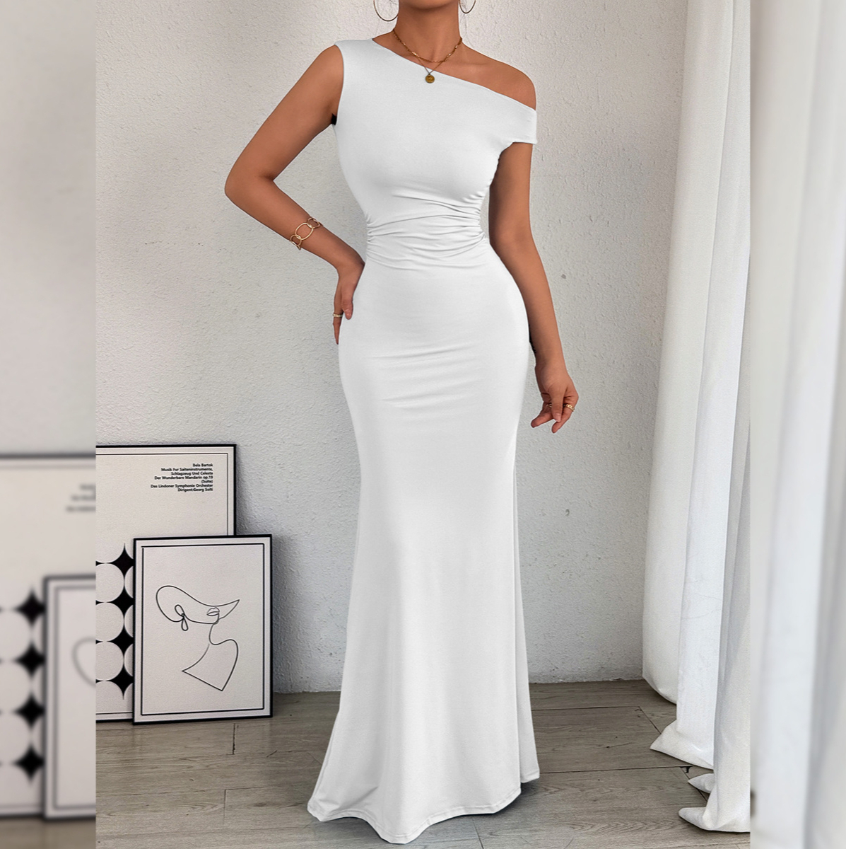 527 Hot selling off shoulder neckline pleated waist sleeveless sexy dress new