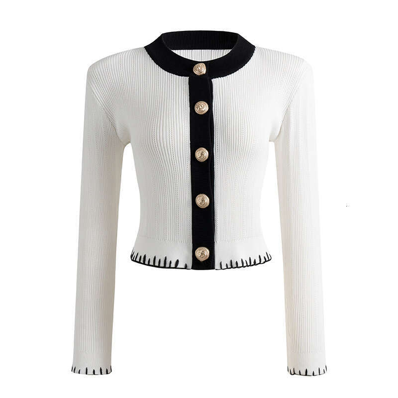 2026 early spring new designer elegant round neck CC contrasting hem lace c1 trimmed slim knit cardigan top