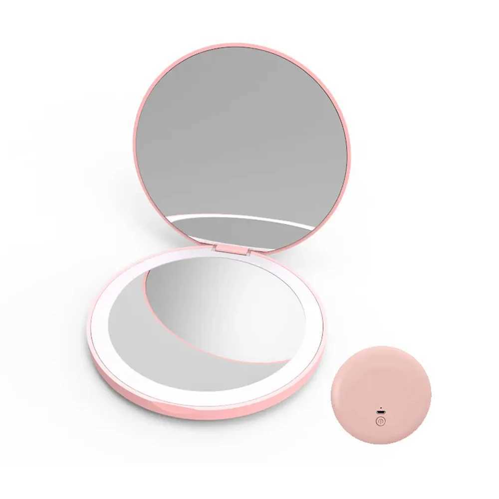 Travel Personalized Small LED Light Cosmetic 2 Side Folding Makeup Compact Pocket Mirror Women Luminous Effect Mini Mirror H260327