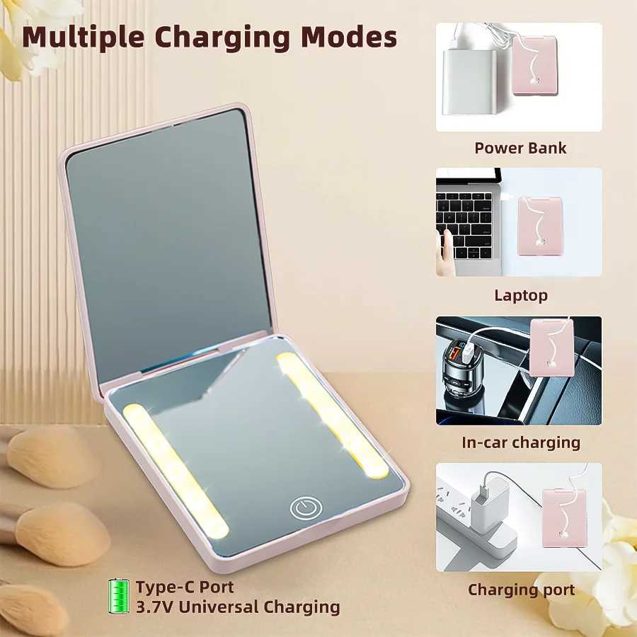Vanity Rechargeable Pocket Makeup Mirror Double Sided 1X/2X Magnification Lighted Travel Compact Cosmetic Mirror for Women Gifts H260327