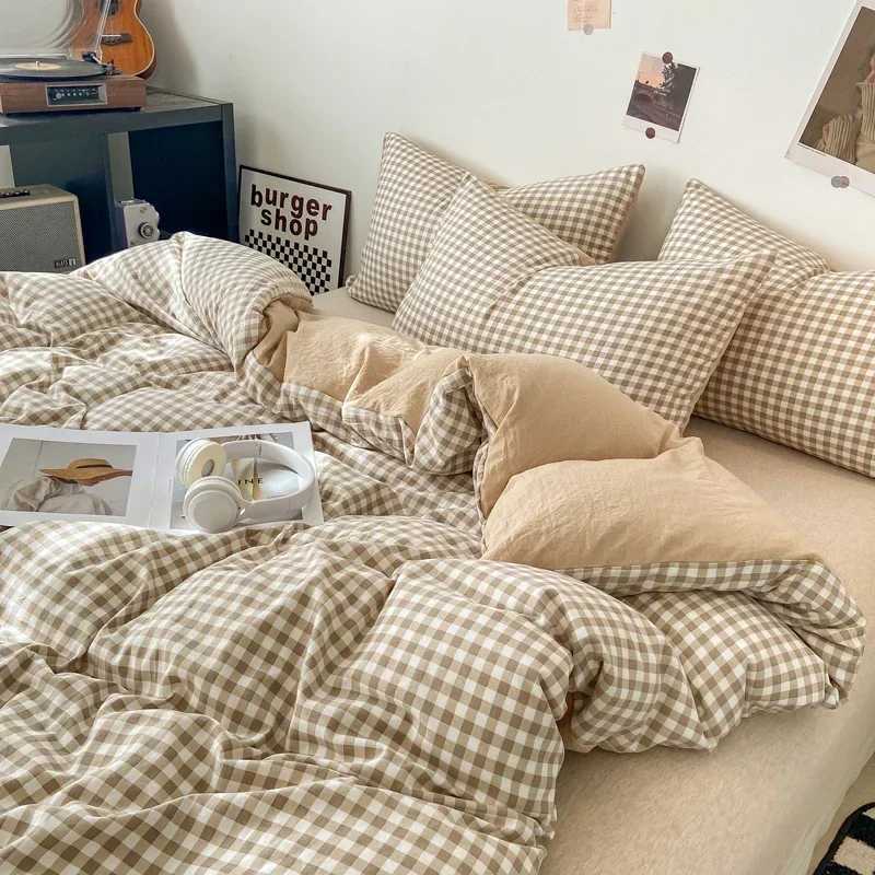 Japanese Style Check Queen Duvet Cover Set 1/3 Pcs Soft Washed Quilt Cover and Pillowcase or Only Quilt Covers Blanket Cover Set H260327