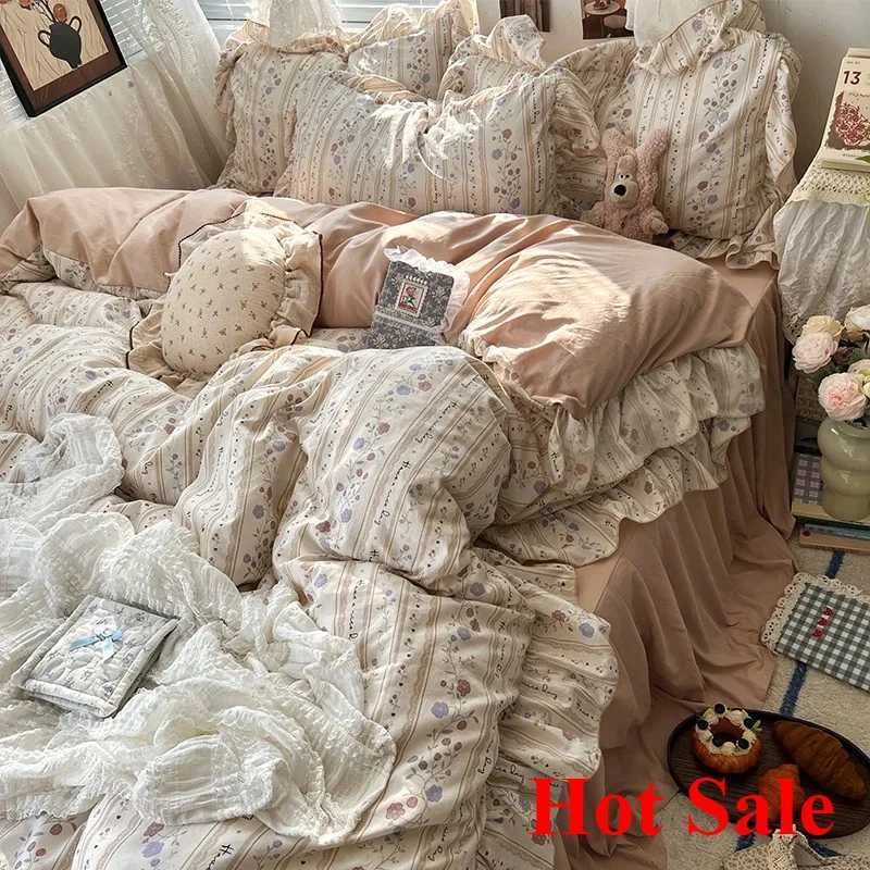 Korean Princess Style Floral Ruffles Bedding Set Skin-friendly Soft Duvet Cover Set Bed Sheet Or Bed Skirt Pillowcases H260327