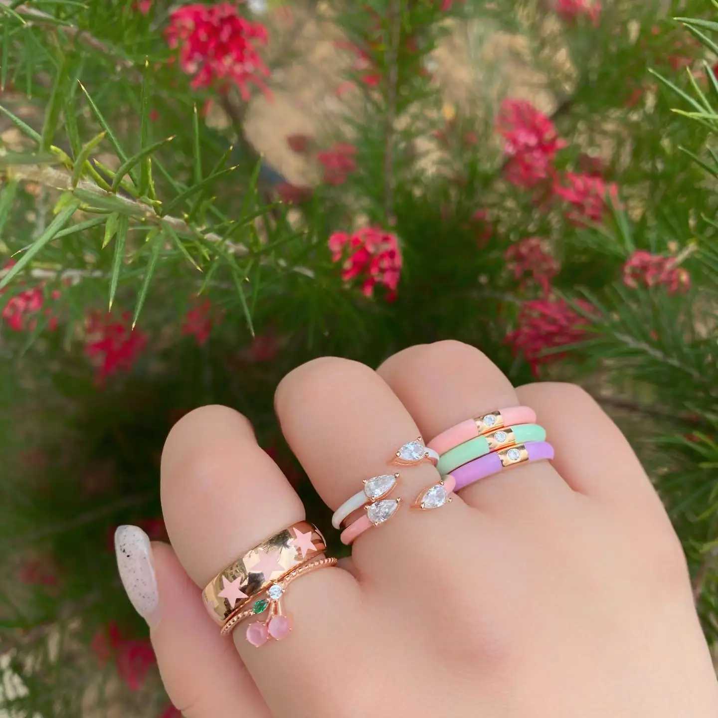 Water Drop CZ Pastel Enamel Open Rings Adjustable Paved Cubic Zirconia Gold Plated Color for Women Fashion Jewelry Anillos Mujer H260327