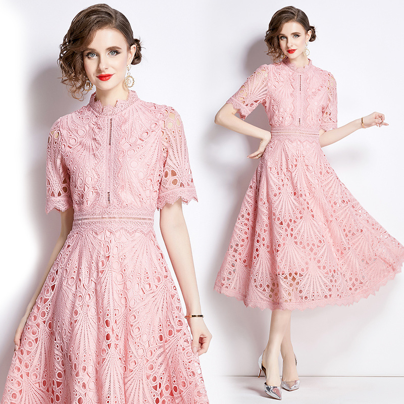 Free Shipping Woman Clothing Elegant Lace Dresses Short Sleeve Summer Womens Dress Crochet Embroidery Design Slim Style Designer Lady Luxurious Stylis
