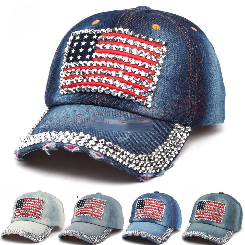 Women baseball caps Summer 4th of July American Flag Hat Cowboy Fashion Rhinestone denim Cap 6 Panels Snapback Leisure Sun Hat