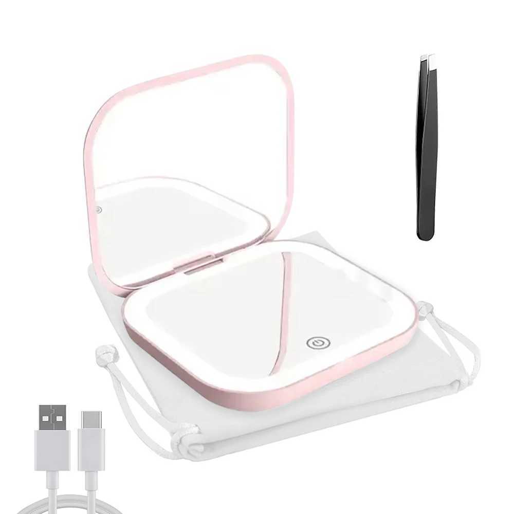 Portable Lighted Pocket Vanity Makeup Mirror with Eyebrow Tweezers 1X/3X Magnifying Mini Travel Compact Cosmetic Mirror with LED H260327
