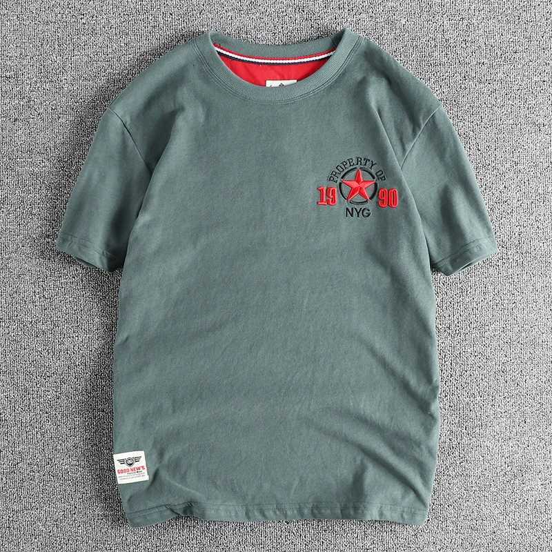 Embroidery five-pointed star pattern short-sleeved T-shirt men washed wool cotton comfortable round neck blouse C260326