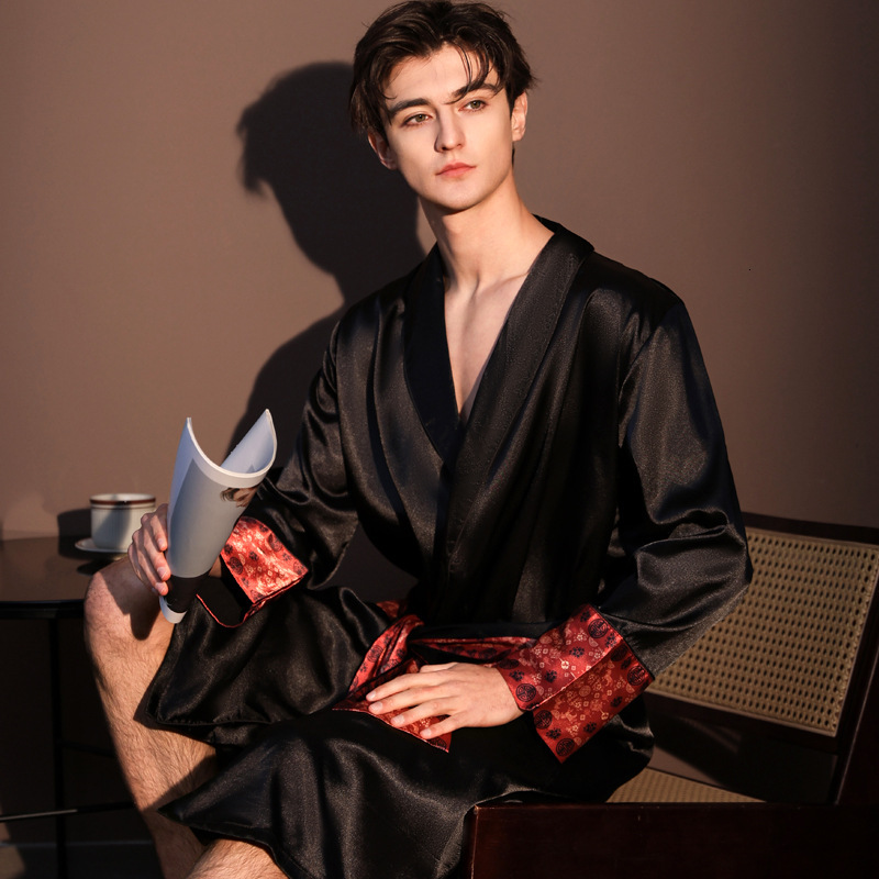 Bathrobe Men's Ice Silk Robe Designer 2026 New Spring Autumn Summer Thin Long Sleeved Long Bathrobe Loungewear Sleepwear For Home Use