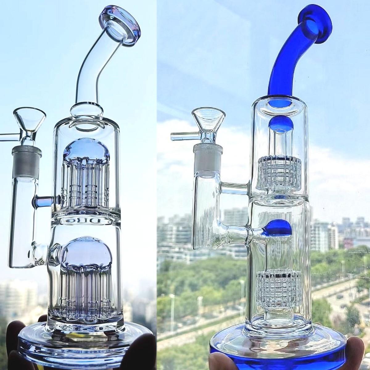 Double Chamber Matrix Percolator Glass Water Pipe Recycler Arm Tree Perc Bong Hookahs Bubbler with 14mm glass bowl