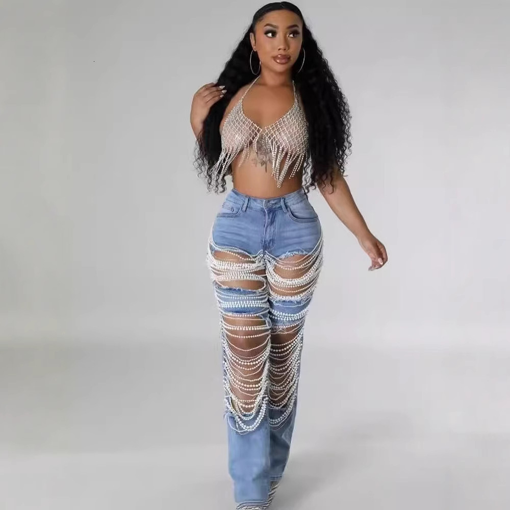 Women Plus Size Pearls Jeans Casual Vintage Cutout High Waist Y2K Streetwear Pearls Denim Jeans Pockets Slim Denim Trousers 241031