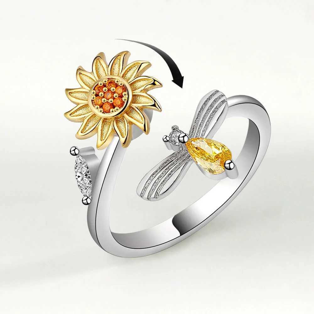 VENTFILLE 925 Sterling Silver Sunflower Diamond Zircon Rotatable Ring For Women Gift Relieve Stress Ring Jewelry Wholesale H260327
