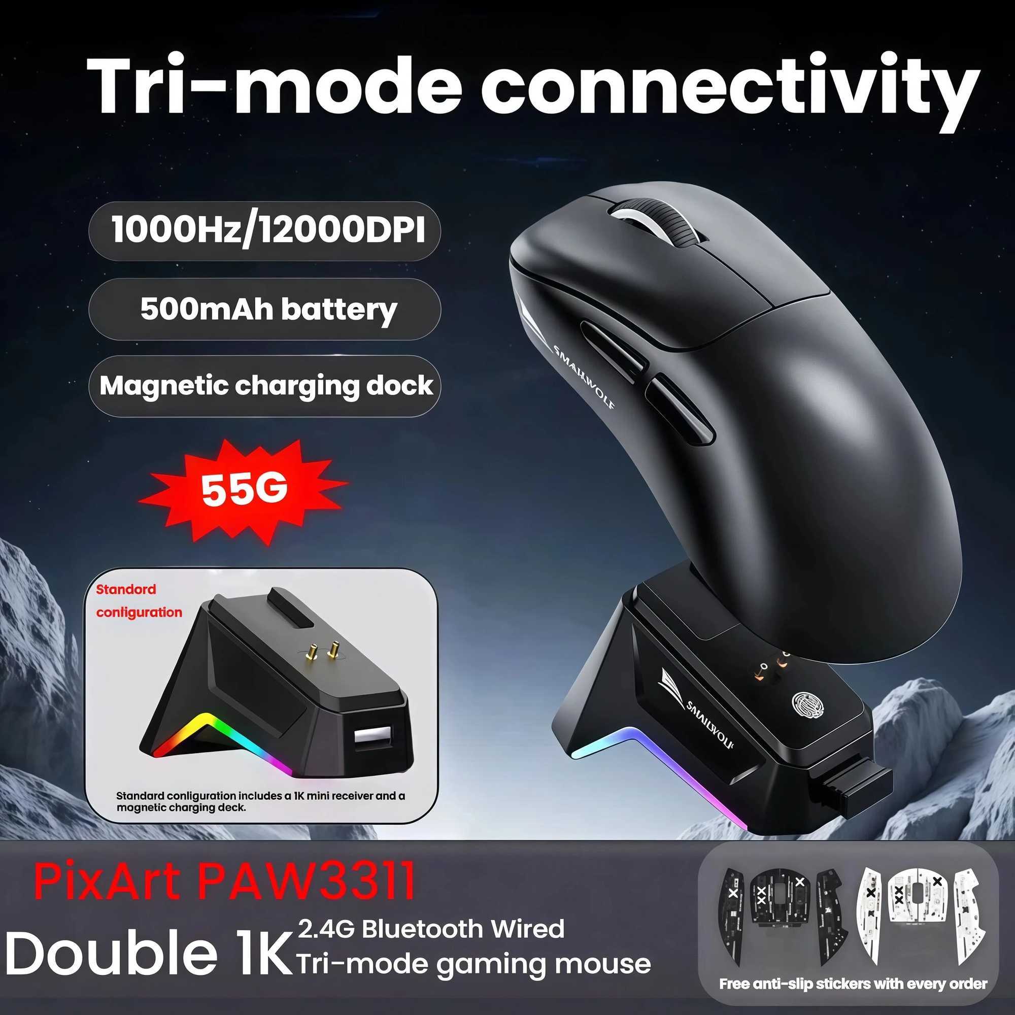 SMAILWOLF M5 Bluetooth Wireless Mouse Gaming Laptop Desktop E-Sports Lightweight PAW3311 Wired Magnetic Charging D260327