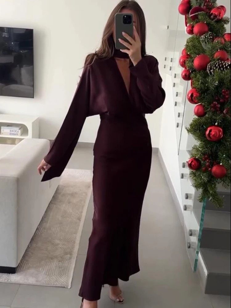 Women Fashion Satin V neck Dress Long Dresses With Scarf Chic Elegant Dresses Women Long Sleeve Casual Dress 260326