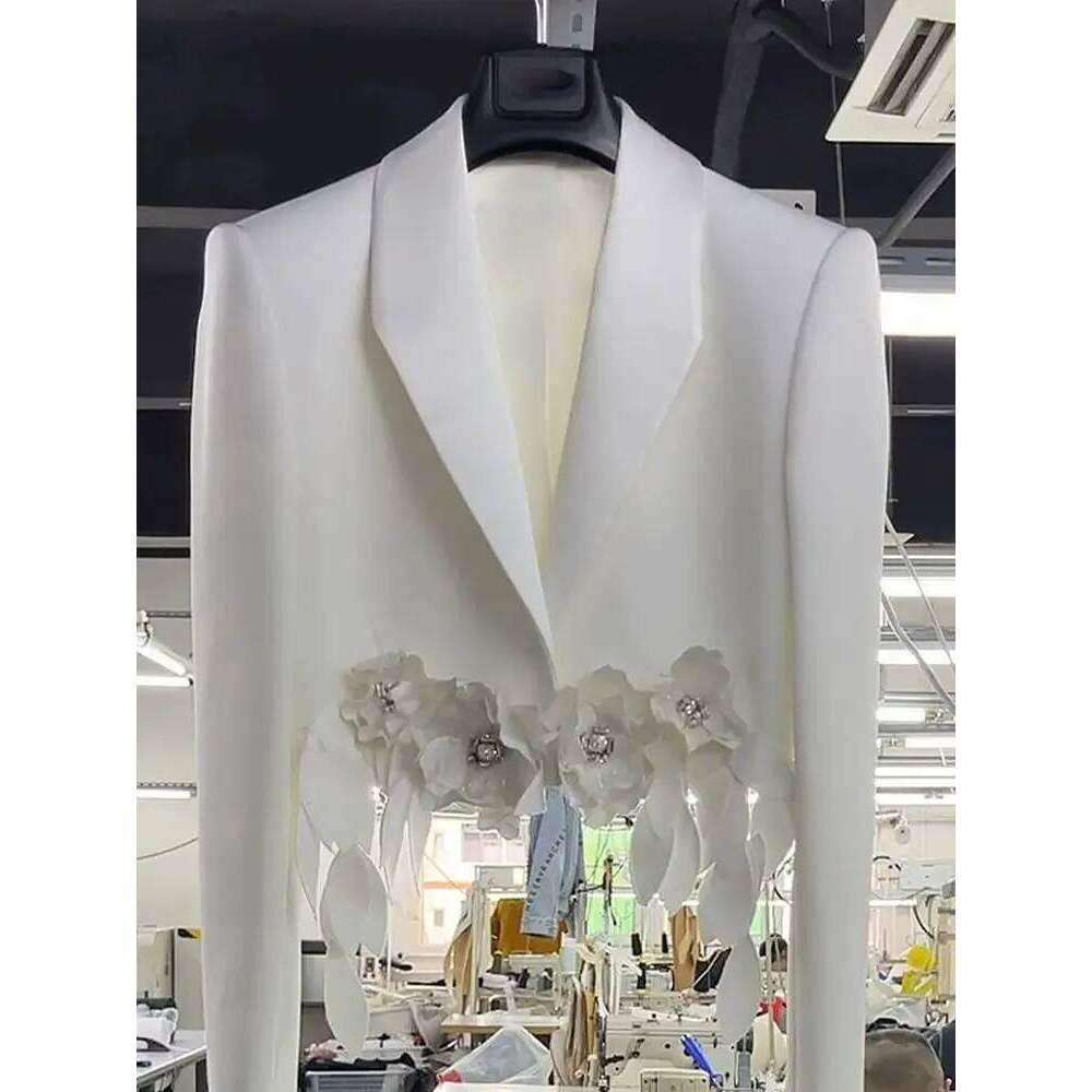 Elegant White 3D Floral Suits Coat High Waist Flowers Tassels Blazers Jacket Spring Autumn Fringed Beaded OL Cardigan Tops