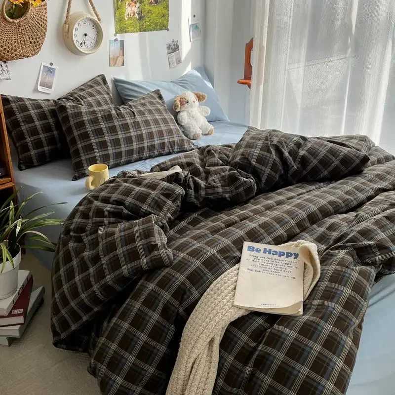 Bedding Set Ins Ambiance Blue Coffee Grid Mixed With Washed Cotton Minimalist Four Piece Set Fitted Sheets Duvet Cover H260327