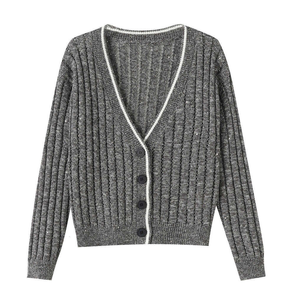 2026 spring/summer designer fashionable and elegant contrasting color striped V-neck loose hollow slim fit CC women's D19 knitted cardigan