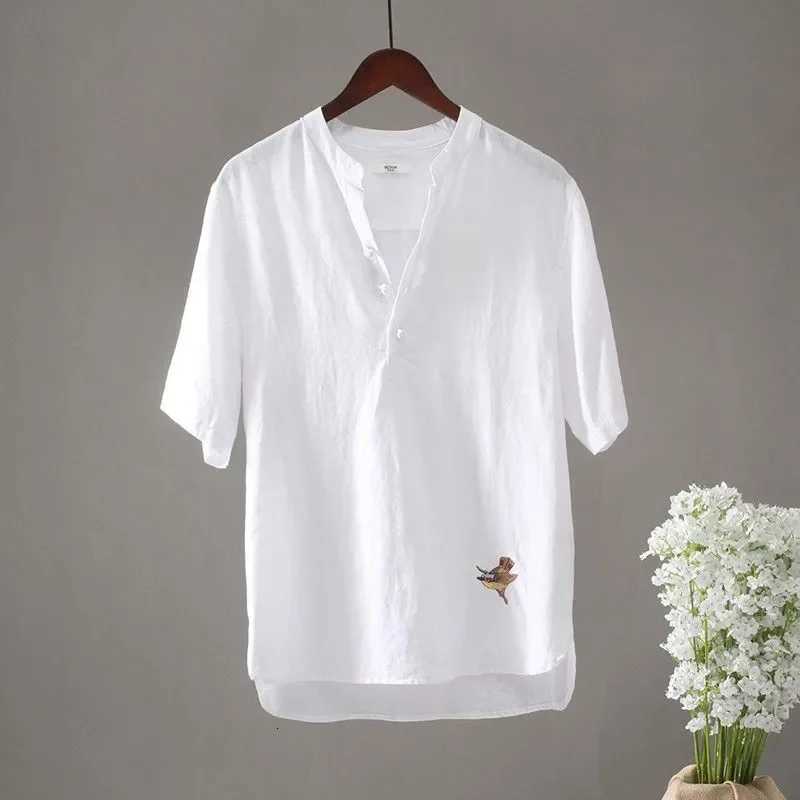 Chinese Style Stand Up Collar Pullover Shirt Mens Cotton Linen Short Sleeved Thin Linen Retro Embroidered Casual Loose Shirt C260326