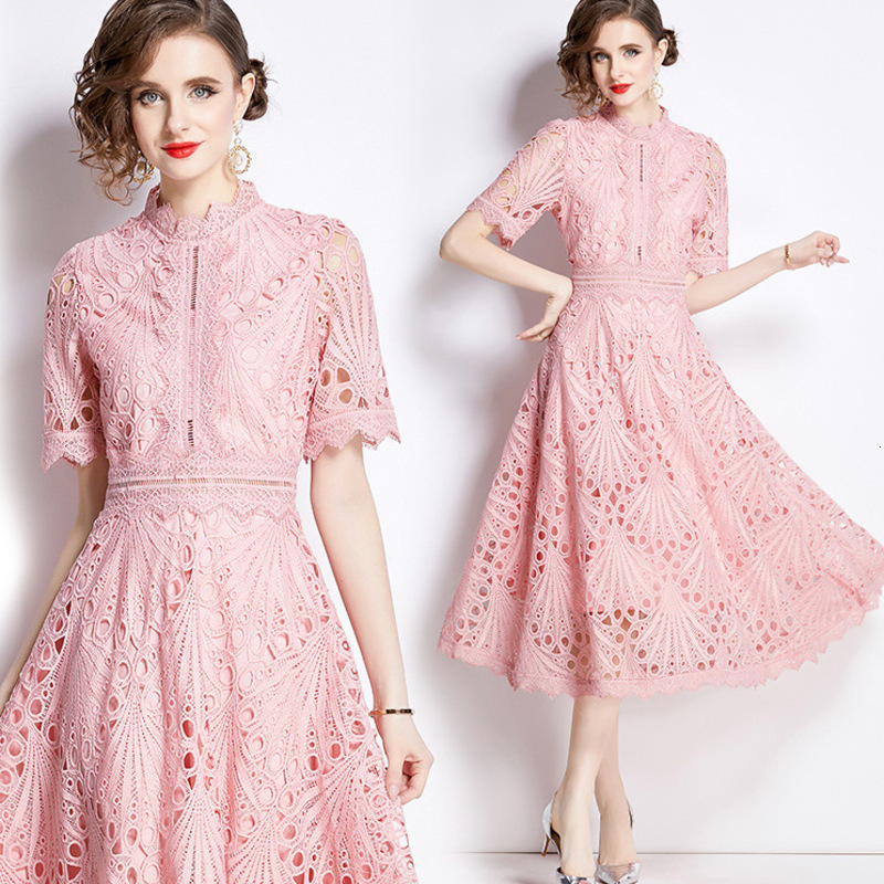 Womens Casual Dresses summer dress Woman Clothing Elegant Lace Dresses Short Sleeve Crochet Embroidery Design Slim Style Lady Luxurious Stylish Dress