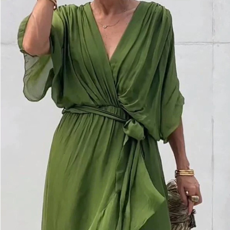 Womens Casual Dresses Woman Clothing Batwing Sleeve Summer Womens Dress European Solid Color Tie Waist Irregular Midi Dress Designer Lady Plus Size Fa