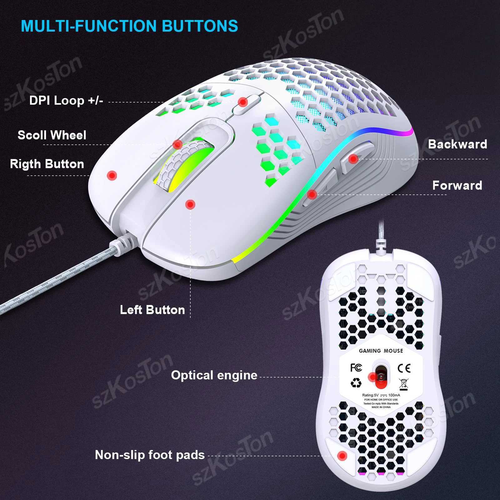 Honeycomb Wired Gaming Mouse RGB Backlight 7200 Adjustable DPI Ergonomic USB Computer Mice for Windows PC Laptop Gamers D260327