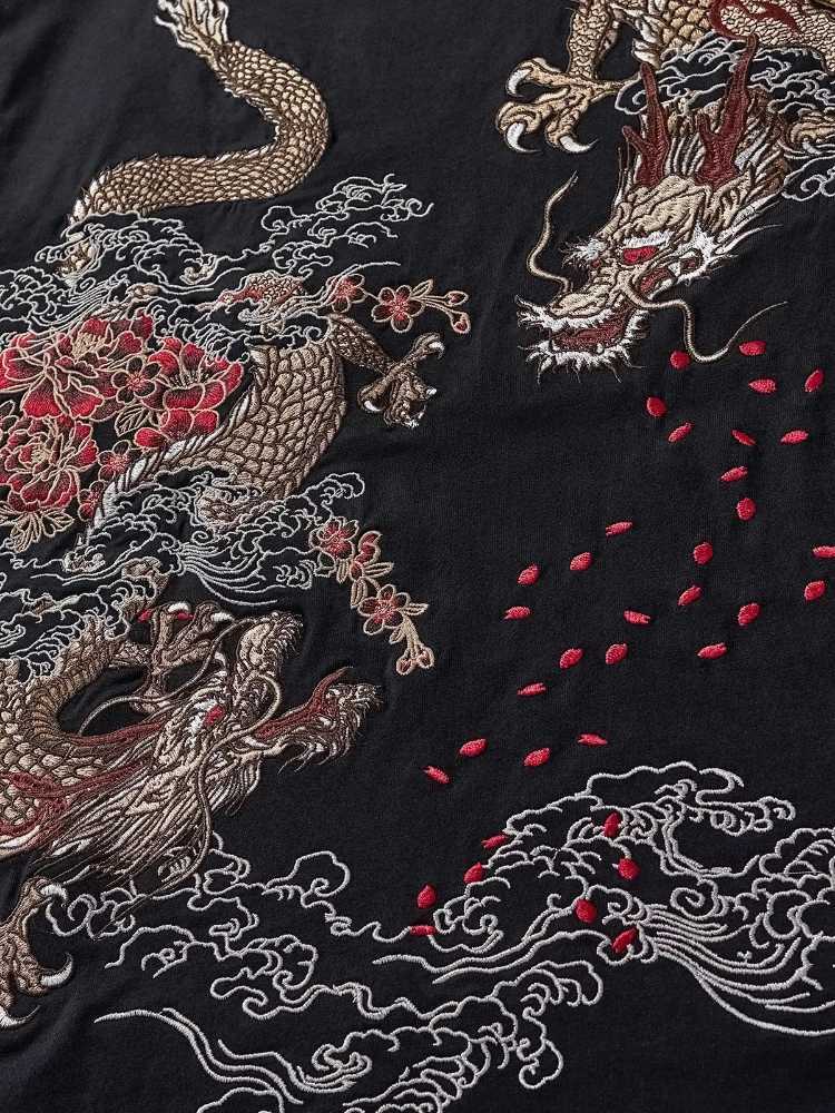 Mens T Shirt Harajuku Chinese Style Streetwear Flying Dragon Heavy Embroidery Cotton Tee Drop Shoulder Loose Fit Short Summer C260326