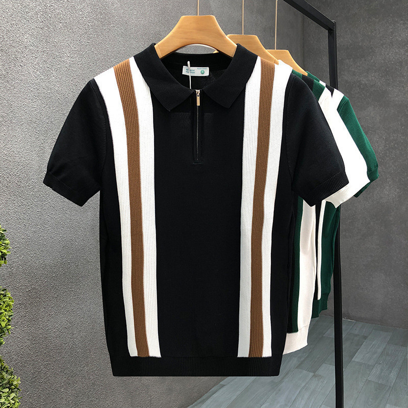 Luxury Brand Designer Summer Korean-style youth casual ice silk slim-fit men vertical striped turn-down collar knitted short-sleeve T-shirt business p