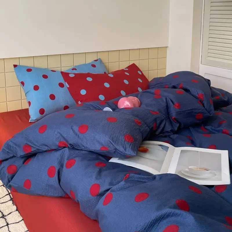 Polka Dot Bedding Set Blue Red Dots With Pillowcases Fitted Sheet For Teen Girls Women Cozy Bedroom Decor Full Queen Size H260327