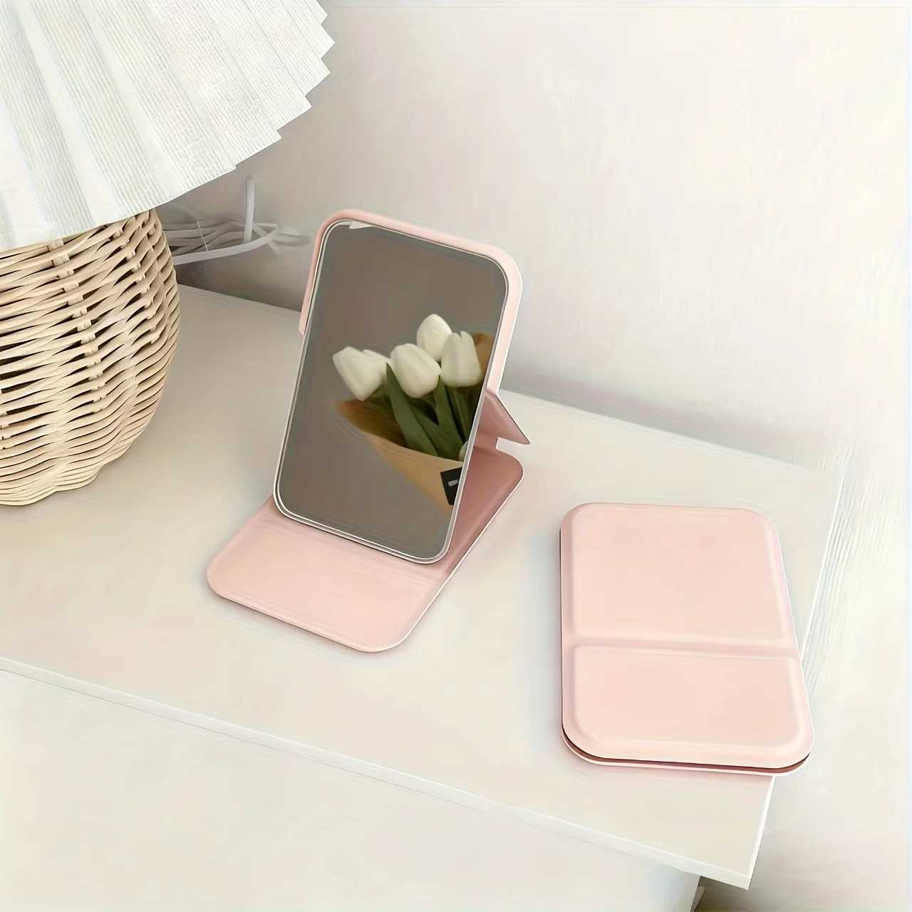 Portable Foldable Mini Makeup Mirror with Pu Stand Simple Desktop Design Suitable for Dormitory and Desktop Use - a Must-Have for Daily Makeup and Gro