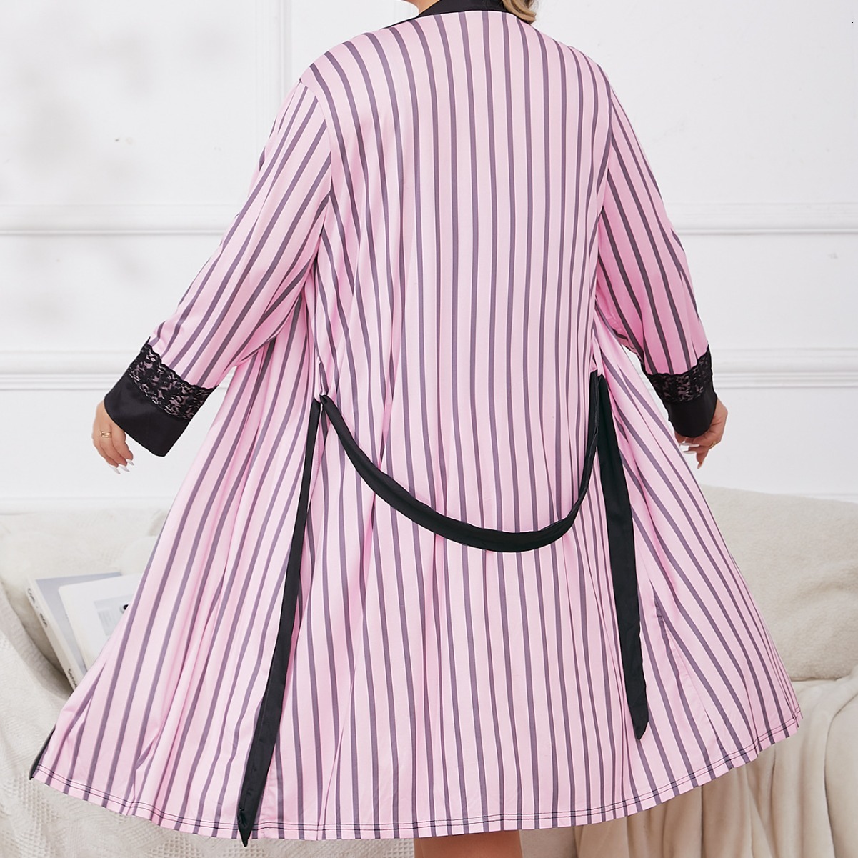 Pajamas Plus Size Women's Pajamas Spring Summer Pink Stripe Camisole Black Inner Shorts Jacket 3 Piece Set Sleepwear Loungewear