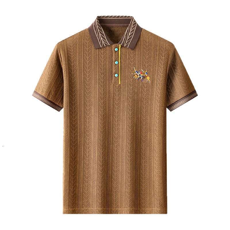 Summer New Fashion Turn down Collar Knitted Short Polo Shirt Loose Casual Jacquard T shirt Middle aged Half Sleeve Top - view 6