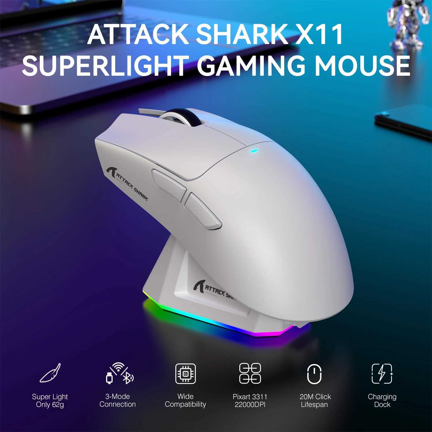 ATTACK SHARK X11 Lightweight Wireless Gaming Mouse with RGB Backlight Charging Up to 22K DPI PAW3311 Optical Sensor HUYU Swit D2603271