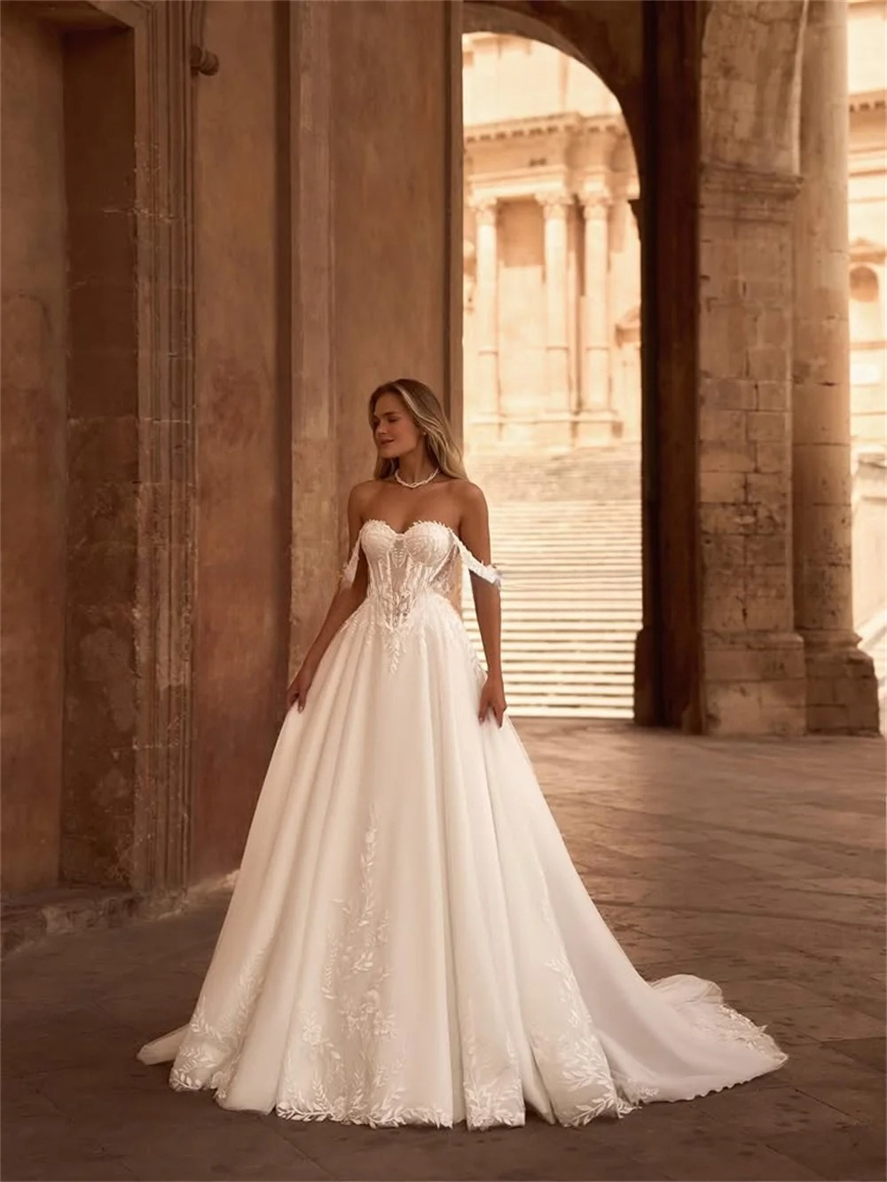 Charming Summer A Line Wedding Dresses Lace Applique Off The Shoulder Backless Bridal Gowns Customizable Robe De Mariee with Flowers M27