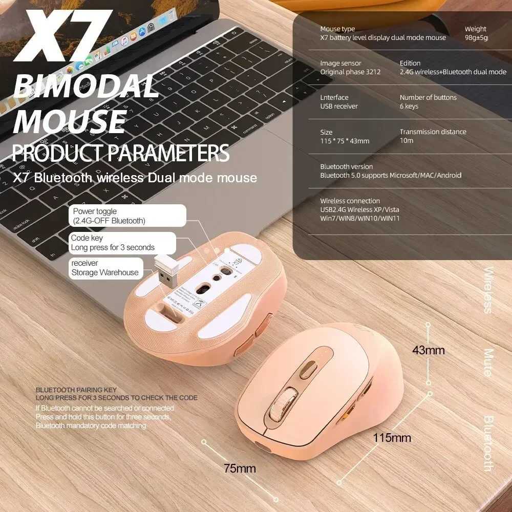 Free Wolf X7 Wireless Bluetooth Dual Mode Mouse Laptop Rechargeable Silent Office Gaming Mouse D260327