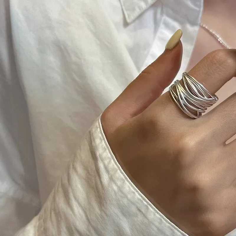 925 Sterling Silver Open Rings For Women Handmade Geometric Irregular Cross Lines Wide Ring Fashion Party Jewelry Holiday Gifts H260327