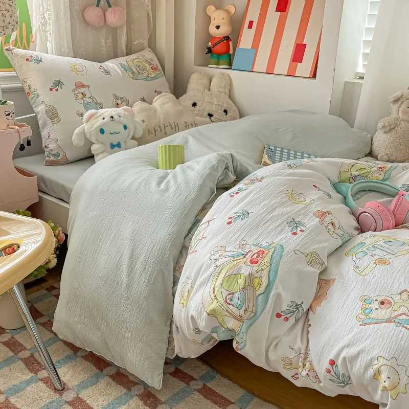 Cartoon color plaid bed sheet four-piece set student cute soft quilt cover dormitory three-piece set H260327