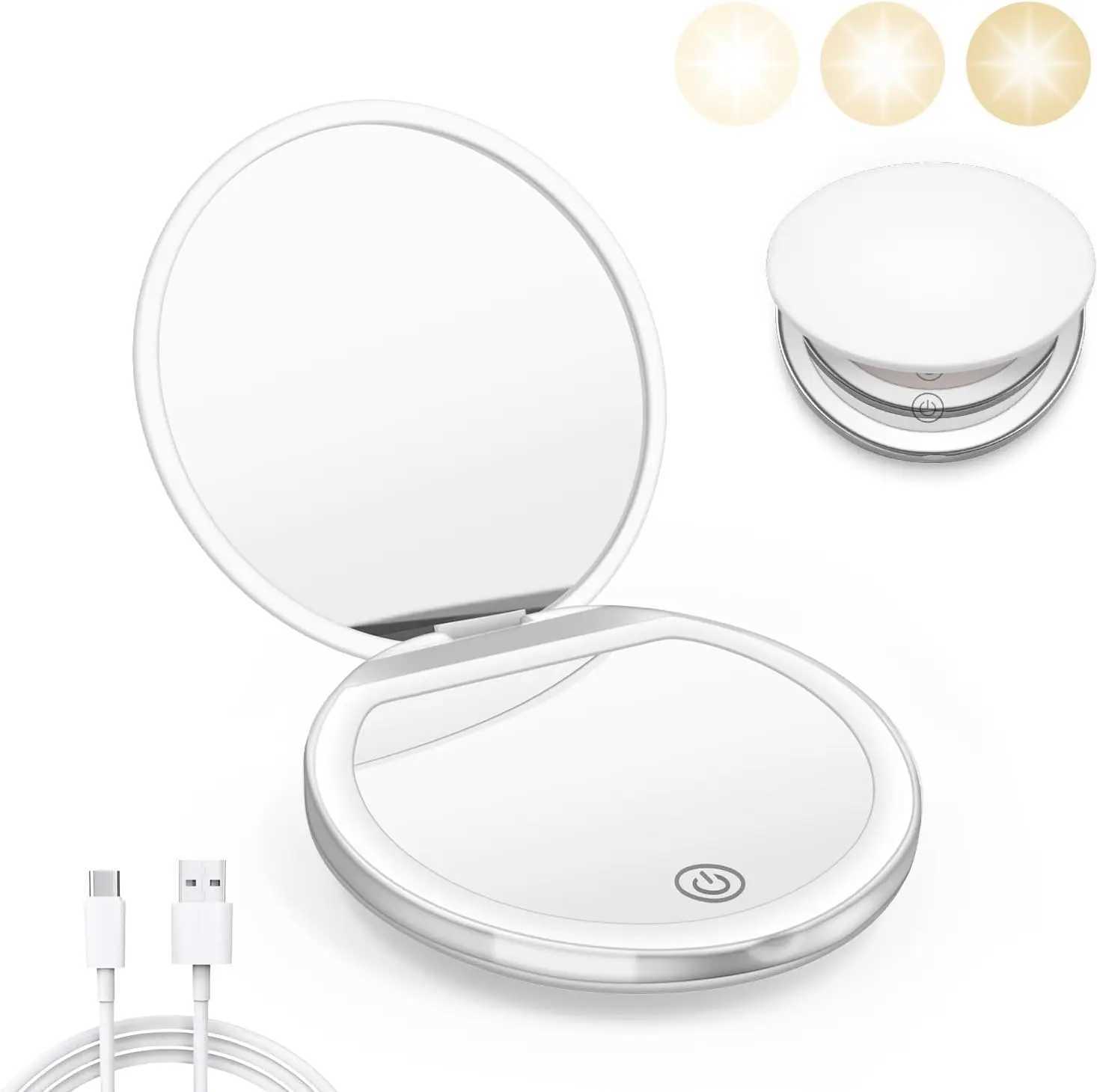 Rechargeable Portable Travel LED Makeup Mirror Handheld Pocket Compact Folding Cosmetic Mirror with Lights 1X/3X Magnification H260327