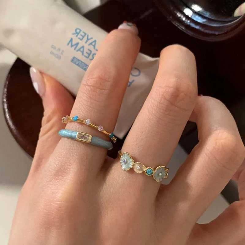 Sweet Enamel Flower Open Rings for Women Exquisite Elegant Blue Zircon Irregular Adjustable Finger Rings Wedding Jewelry Gifts H260327