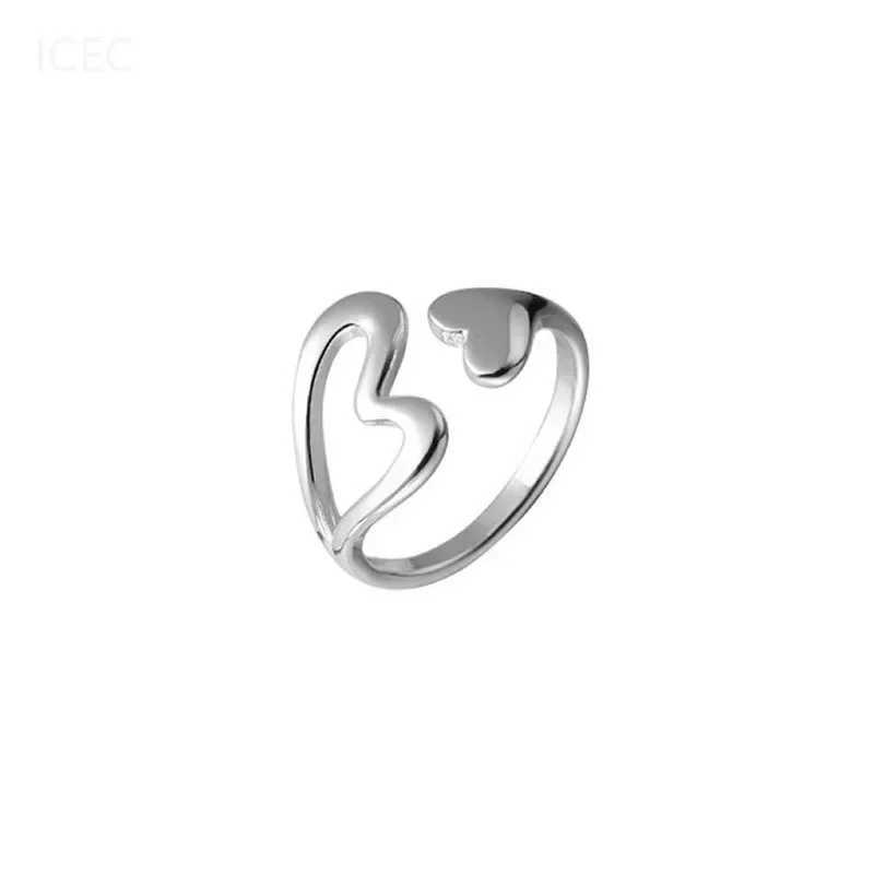 Real 925 Sterling Silver Hollow Heart Opening Adjustable Rings for Women Cute Fine Jewelry Minimalist Asymmetric Accessories H260327