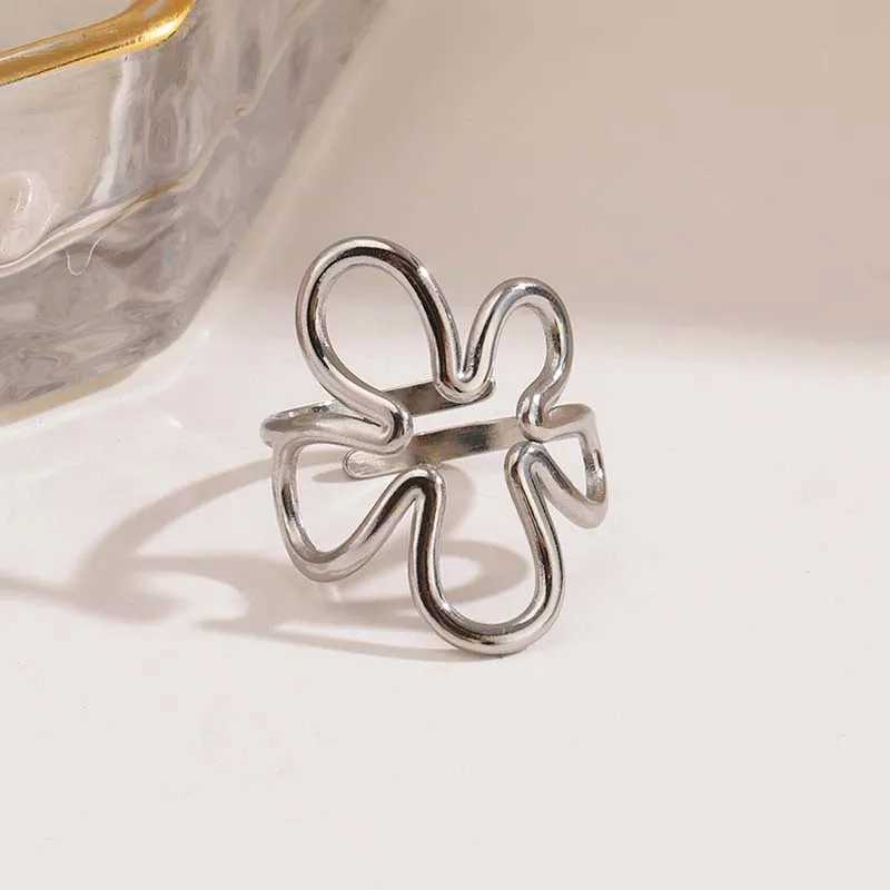 Stainless Steel Gold Color Hollow Flower Open Ring for Women Fashion Adjustable Geometric Lines Finger Ring Party Jewelry Gifts H260327