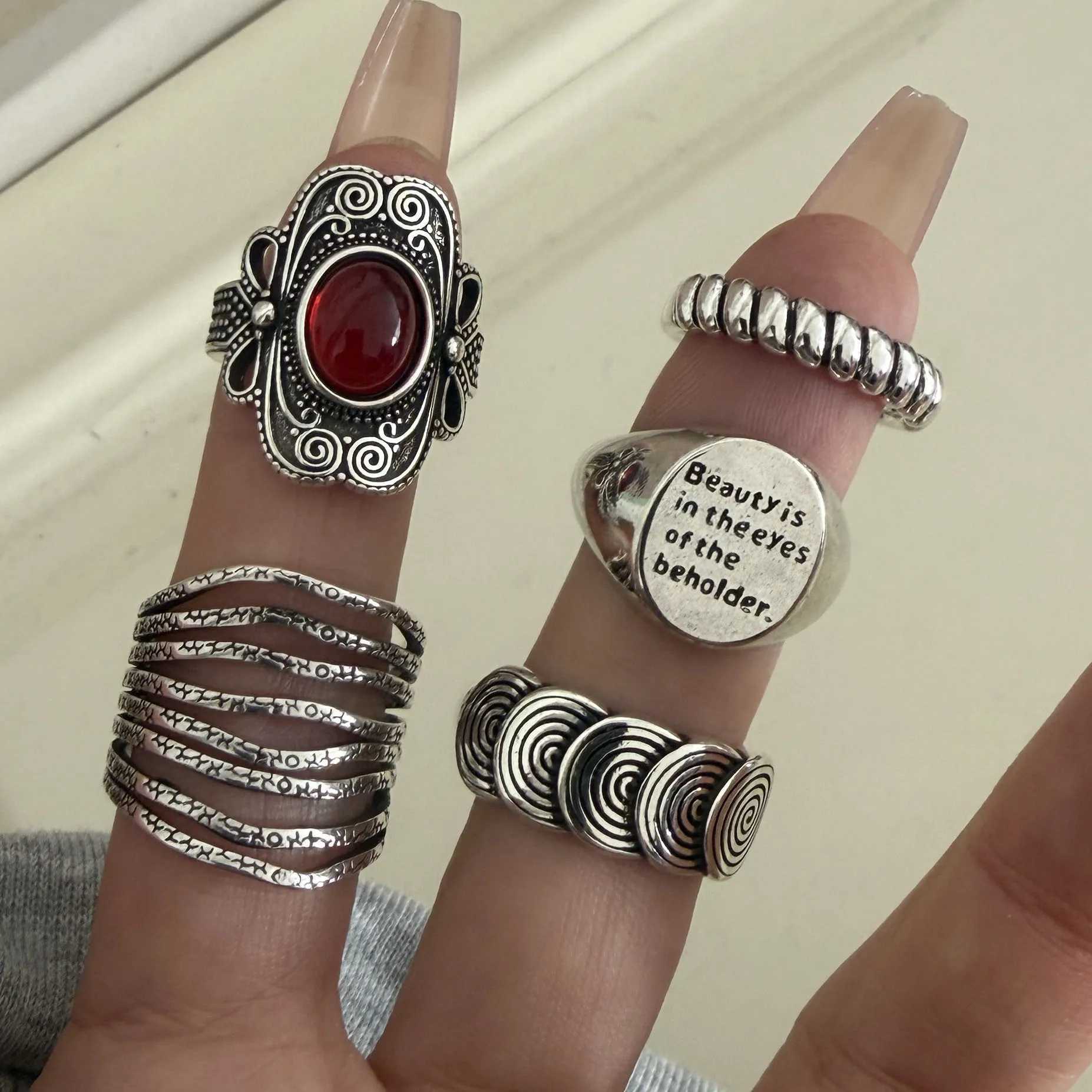 925 Sterling Silver Rings for Women Couple Minimalist Handmade Simple Wide Retro Red Ring Set Party Jewelry Gift Prevent Allergy H260327