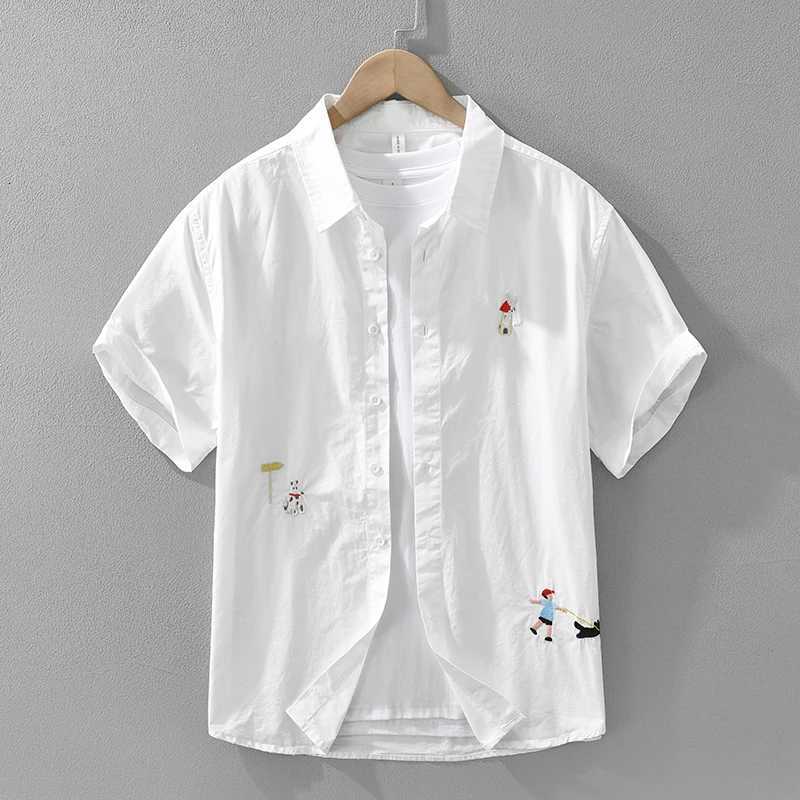 2026 Summer New Casual Embroidered Pure Cotton Short Sleeve Shirts for Men Clothing Slim Turn-down Collar Streetwear C260326