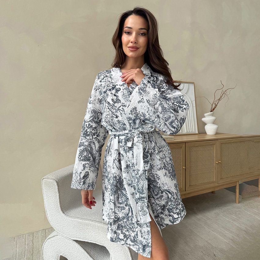 Pajama Robe Women Robe New Comfortable Soft Pure Cotton Printed Fashionable With Tie Belt Sleepwear Loungewear